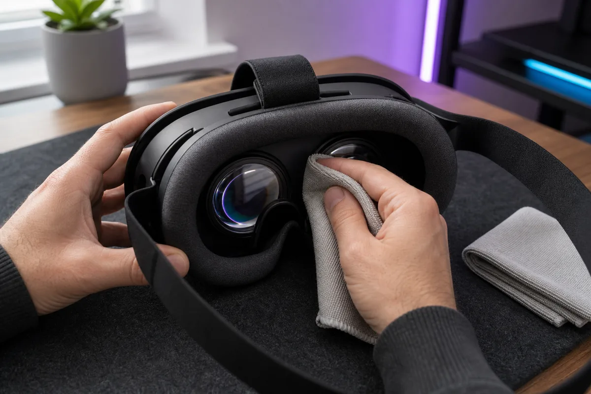 Hands gently cleaning the lens of a generic VR headset with a dry microfiber cloth