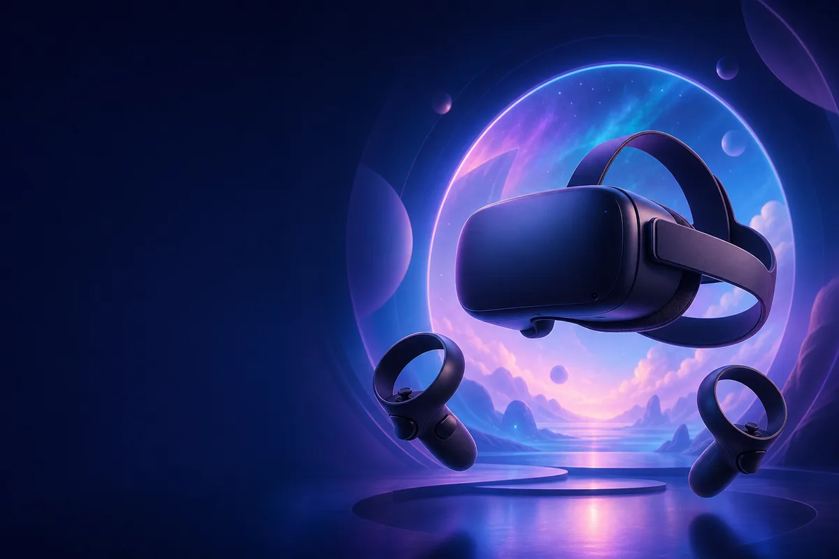 A generic VR headset and controllers floating in front of a luminous portal