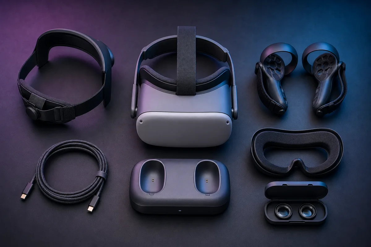 A neatly arranged VR headset, head strap, cable, dock, grips, and lens inserts