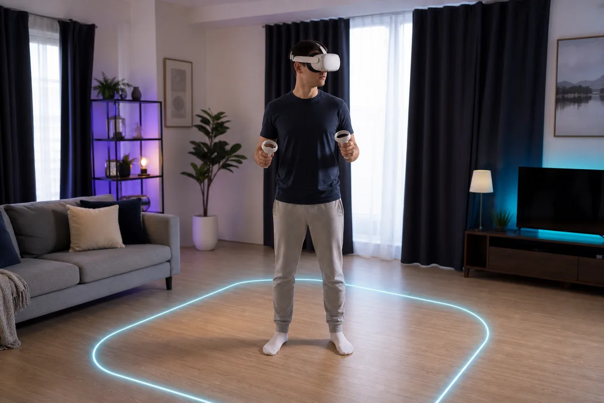 An adult using a VR headset in a clear home play area